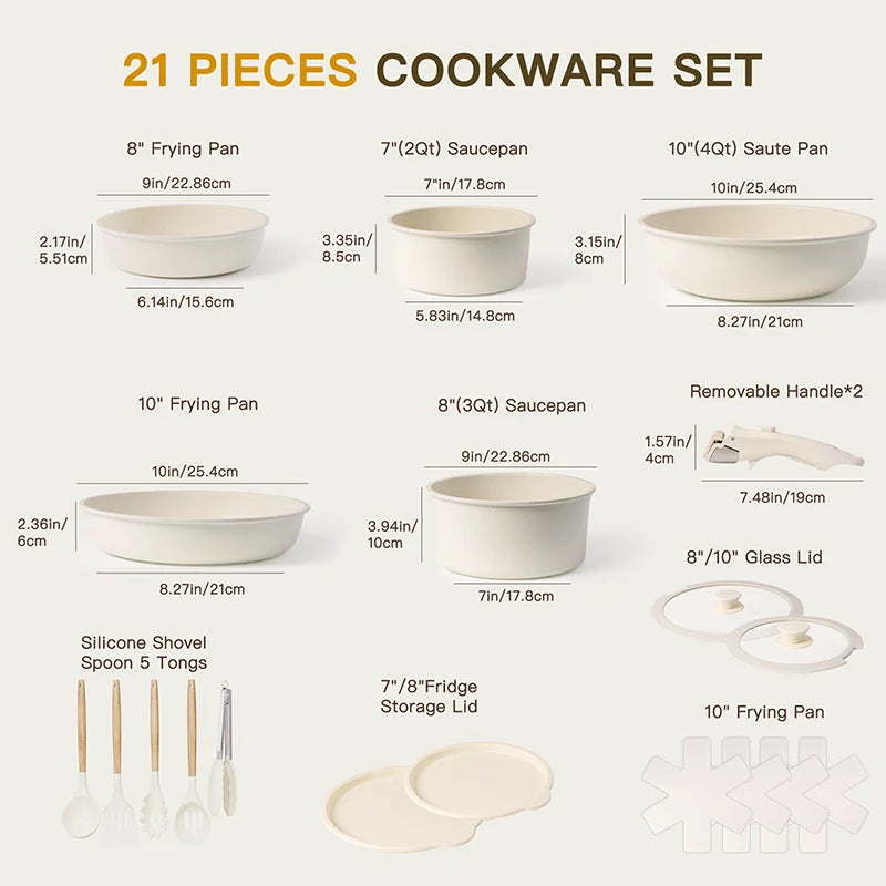 21-Piece Ceramic Non-Stick Cookware Set – Milky White with Removable Handles for Effortless Cooking
