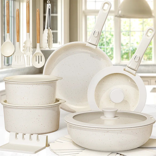 21-Piece Ceramic Non-Stick Cookware Set – Milky White with Removable Handles for Effortless Cooking