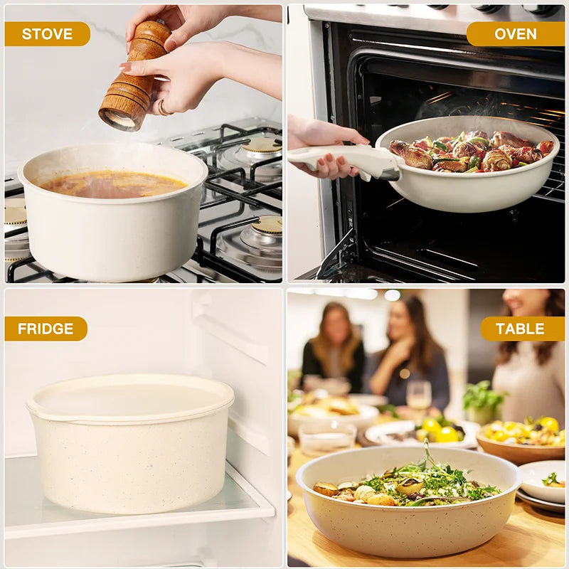21-Piece Ceramic Non-Stick Cookware Set – Milky White with Removable Handles for Effortless Cooking