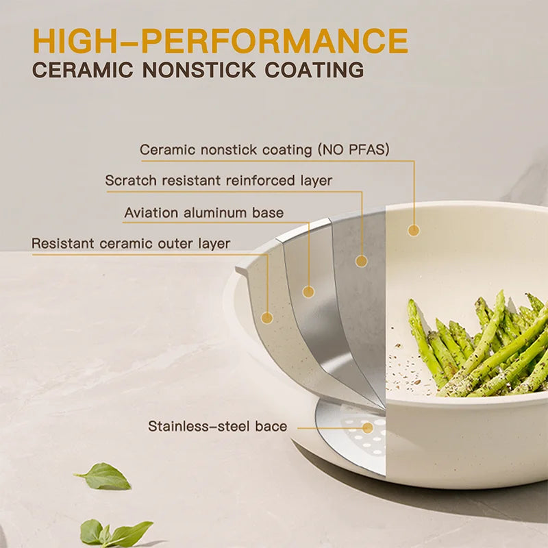21-Piece Ceramic Non-Stick Cookware Set – Milky White with Removable Handles for Effortless Cooking