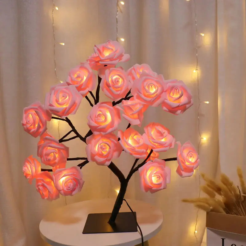 3D Rose LED Tree Lamp – USB Powered Romantic Night Light with Bendable Branches for Home, Holiday, and Gift Decor