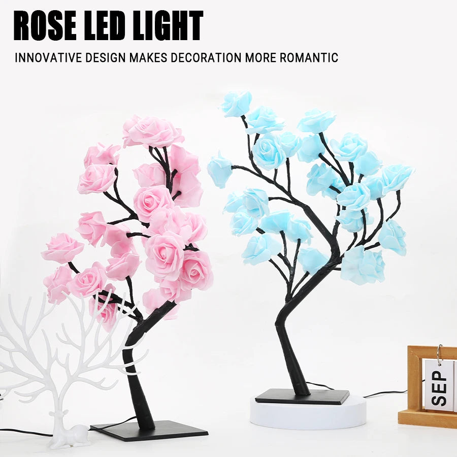 3D Rose LED Tree Lamp – USB Powered Romantic Night Light with Bendable Branches for Home, Holiday, and Gift Decor
