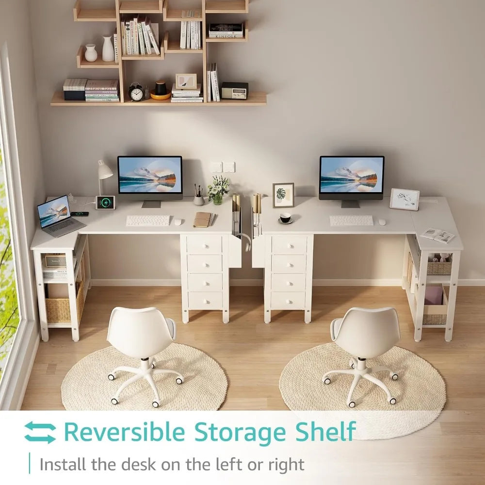 47" L-Shaped Computer Desk with Storage Shelves and Drawers