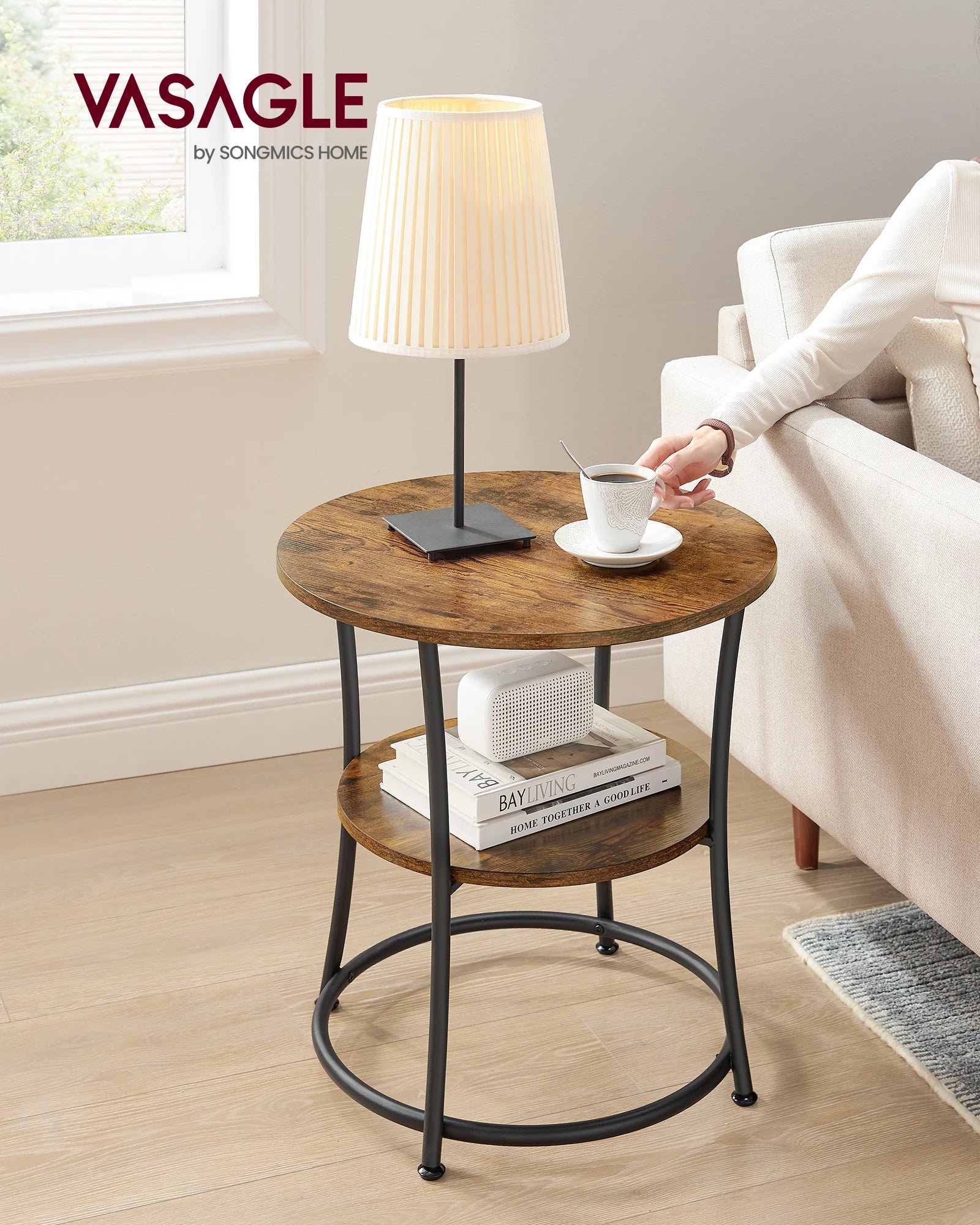 Round Side Table with 1 Storage Shelf – Minimalist Modern Coffee Table for Living Room, Bedroom, and Office