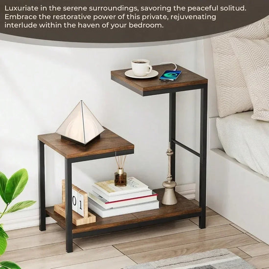 Compact 3-Tier End Table – Slim Storage Table with Steel Frame for Small Spaces, Sofa Side Table, Nightstand, and Decorative Display