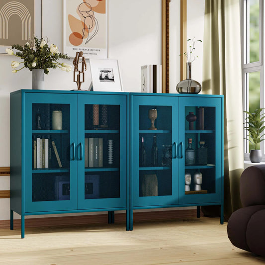 Blue Metal Storage Cabinet with Mesh Doors