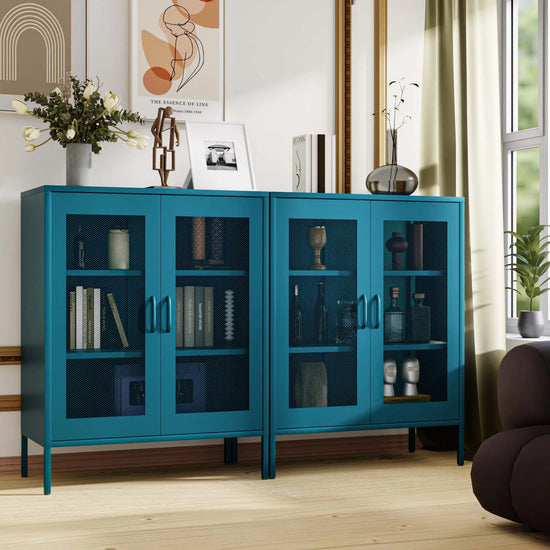 Blue Metal Storage Cabinet with Mesh Doors