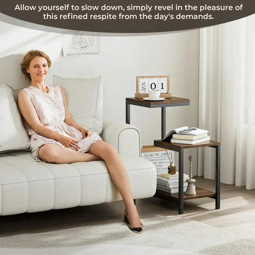 Compact 3-Tier End Table – Slim Storage Table with Steel Frame for Small Spaces, Sofa Side Table, Nightstand, and Decorative Display