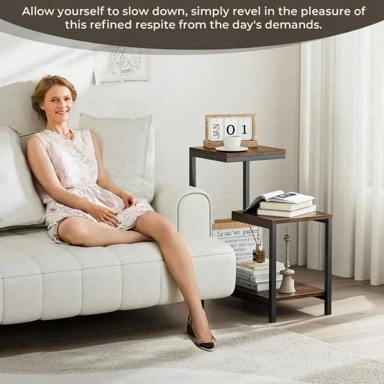 Compact 3-Tier End Table – Slim Storage Table with Steel Frame for Small Spaces, Sofa Side Table, Nightstand, and Decorative Display