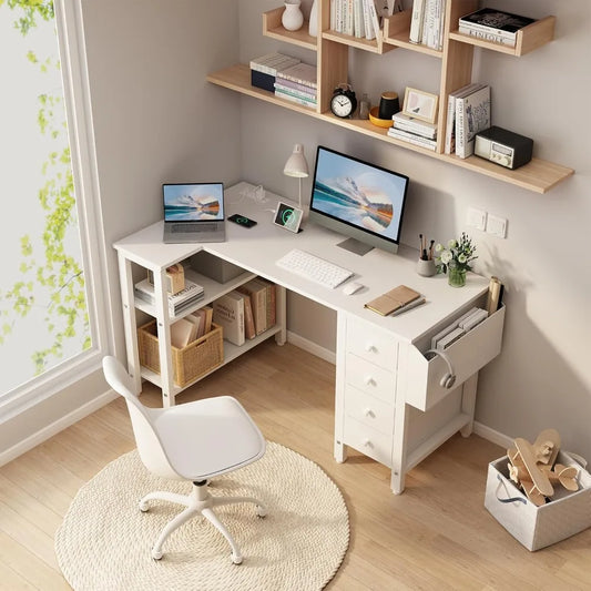 47" L-Shaped Computer Desk with Storage Shelves and Drawers