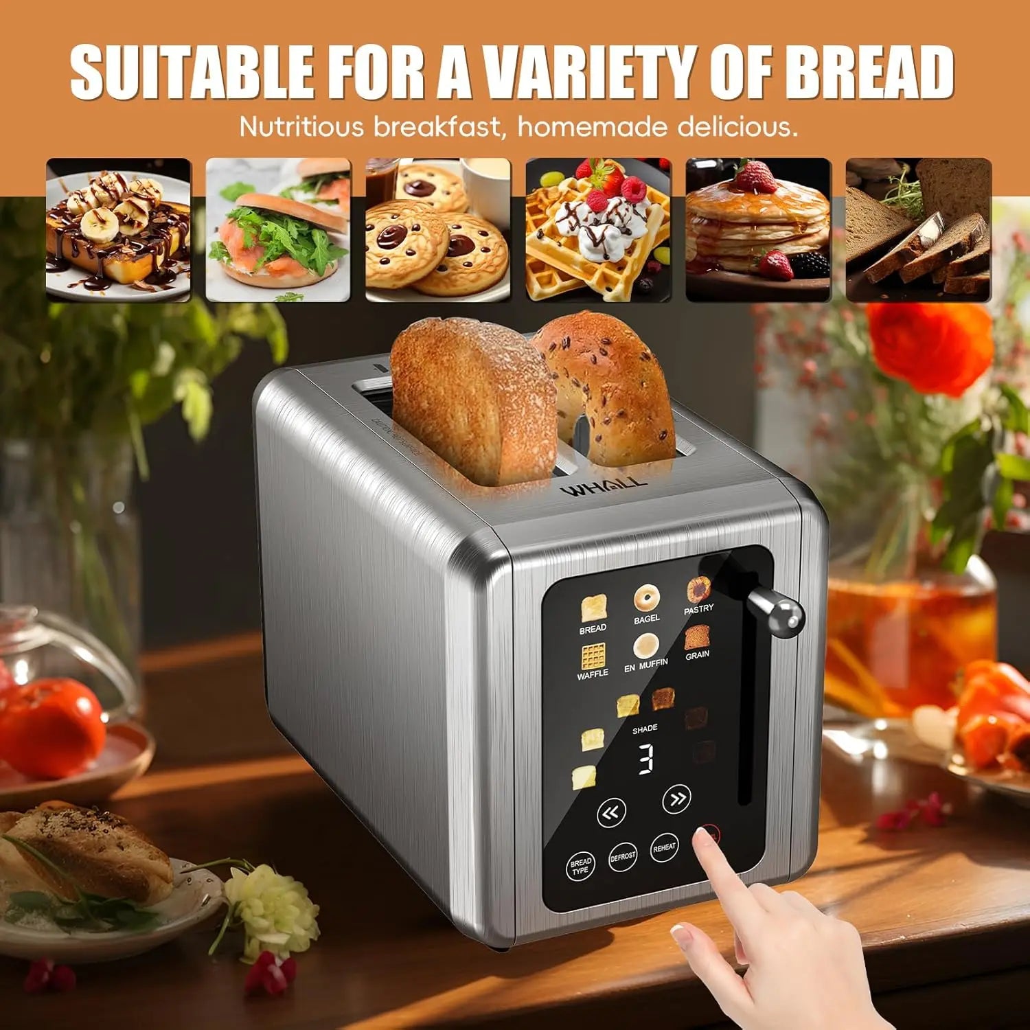 Touch Screen Toaster 2 Slice, Stainless Steel Digital Timer Toaster with Sound Function, Smart Extra Wide Slots Toaster