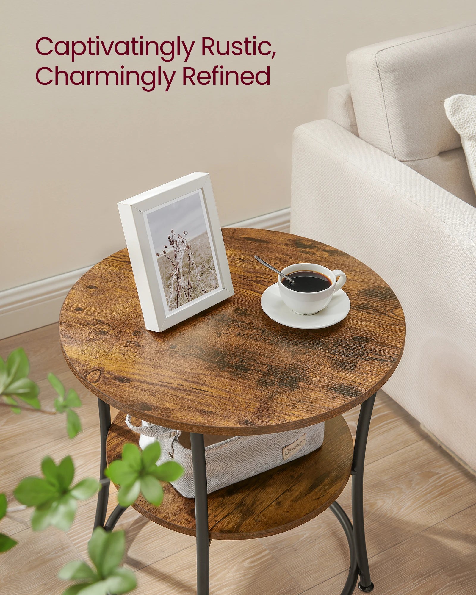 Round Side Table with 1 Storage Shelf – Minimalist Modern Coffee Table for Living Room, Bedroom, and Office