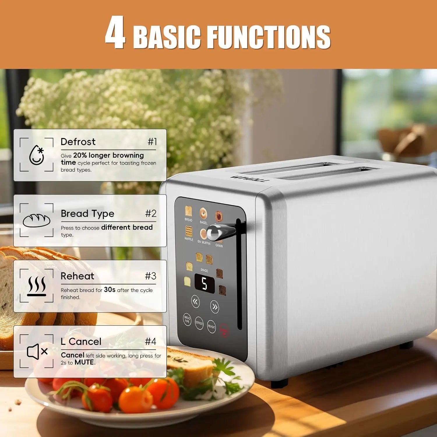Touch Screen Toaster 2 Slice, Stainless Steel Digital Timer Toaster with Sound Function, Smart Extra Wide Slots Toaster