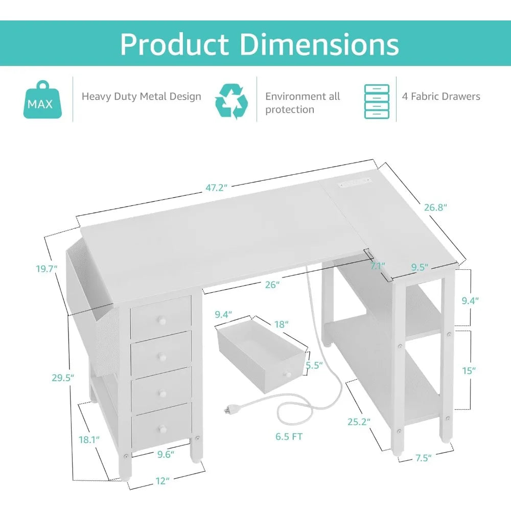 47" L-Shaped Computer Desk with Storage Shelves and Drawers