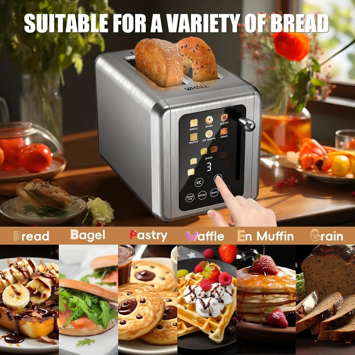 Touch Screen Toaster 2 Slice, Stainless Steel Digital Timer Toaster with Sound Function, Smart Extra Wide Slots Toaster
