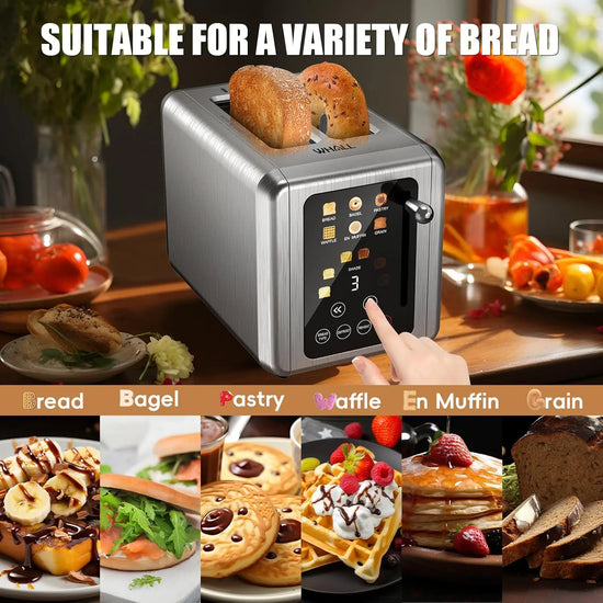 Touch Screen Toaster 2 Slice, Stainless Steel Digital Timer Toaster with Sound Function, Smart Extra Wide Slots Toaster