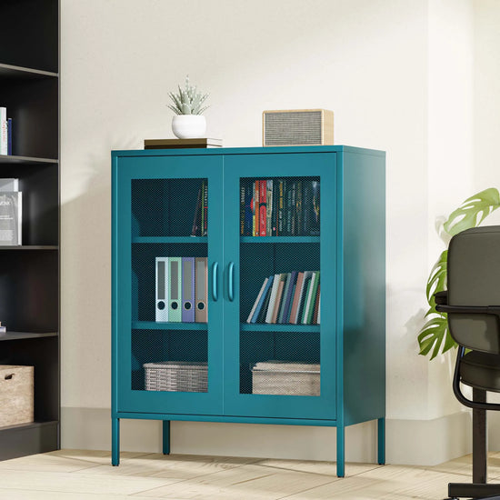 Blue Metal Storage Cabinet with Mesh Doors