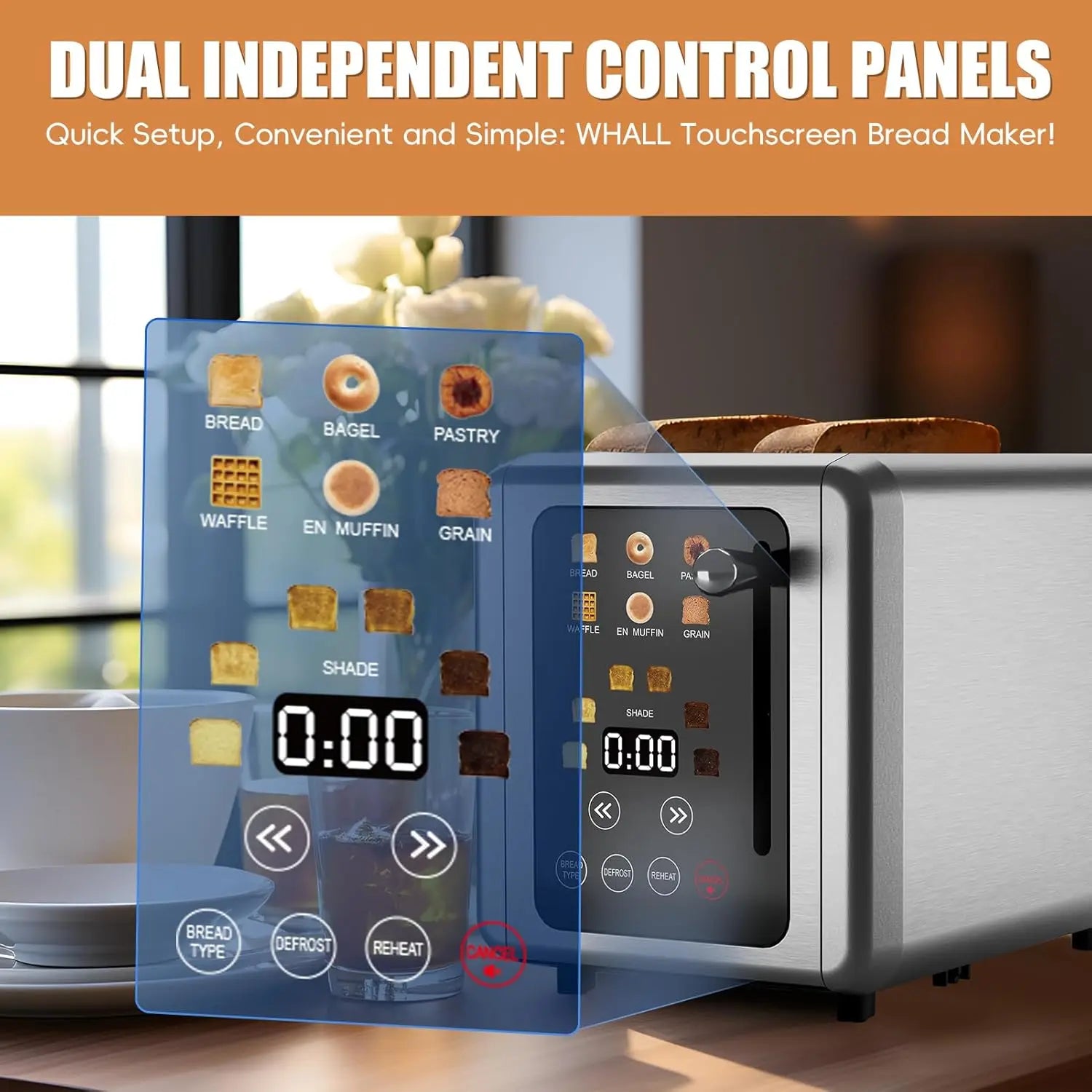 Touch Screen Toaster 2 Slice, Stainless Steel Digital Timer Toaster with Sound Function, Smart Extra Wide Slots Toaster