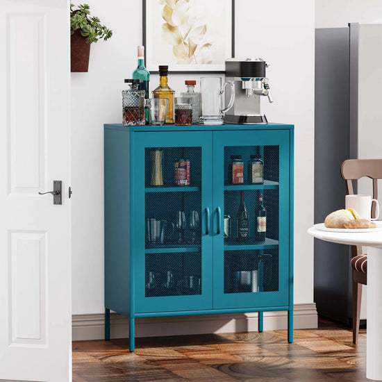 Blue Metal Storage Cabinet with Mesh Doors