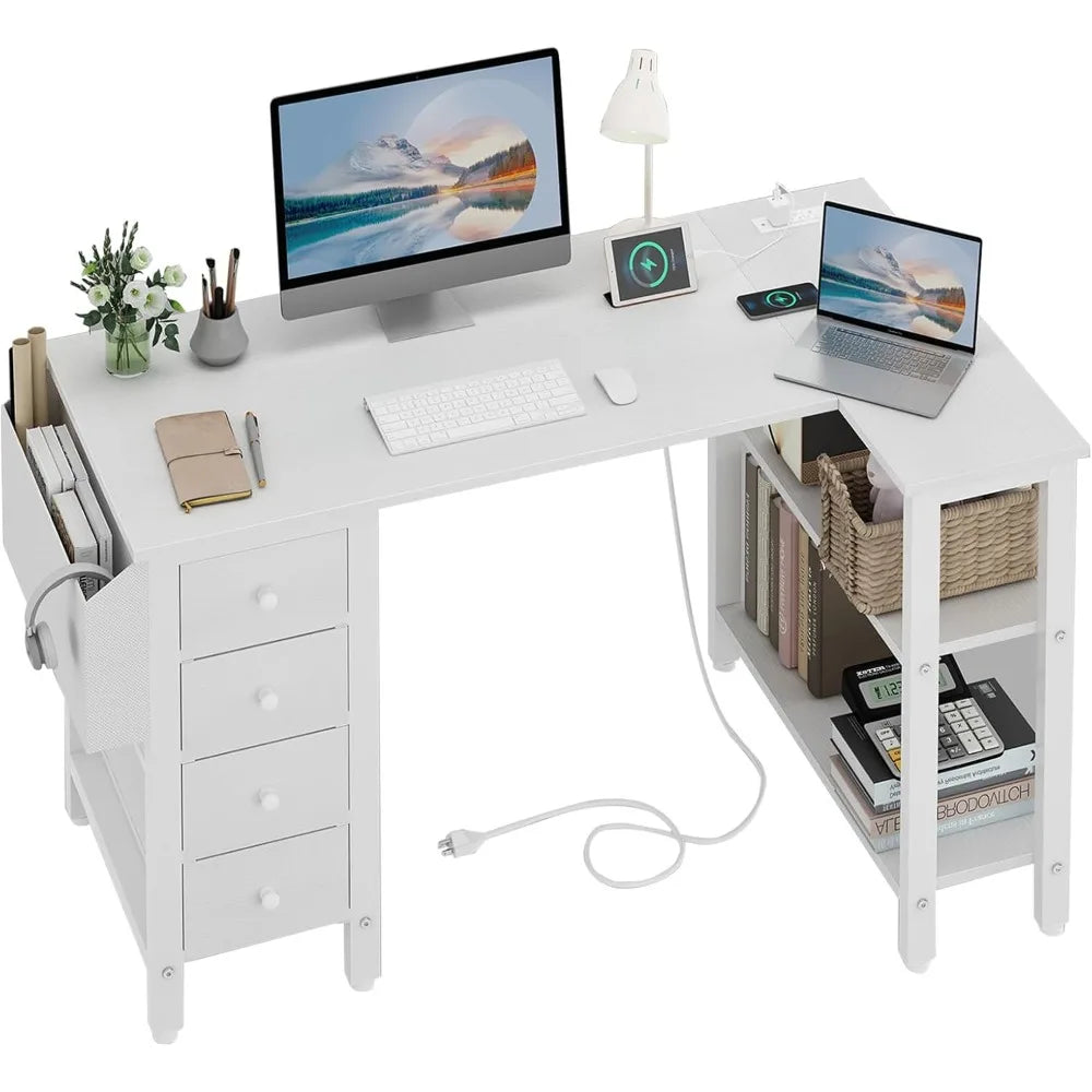47" L-Shaped Computer Desk with Storage Shelves and Drawers