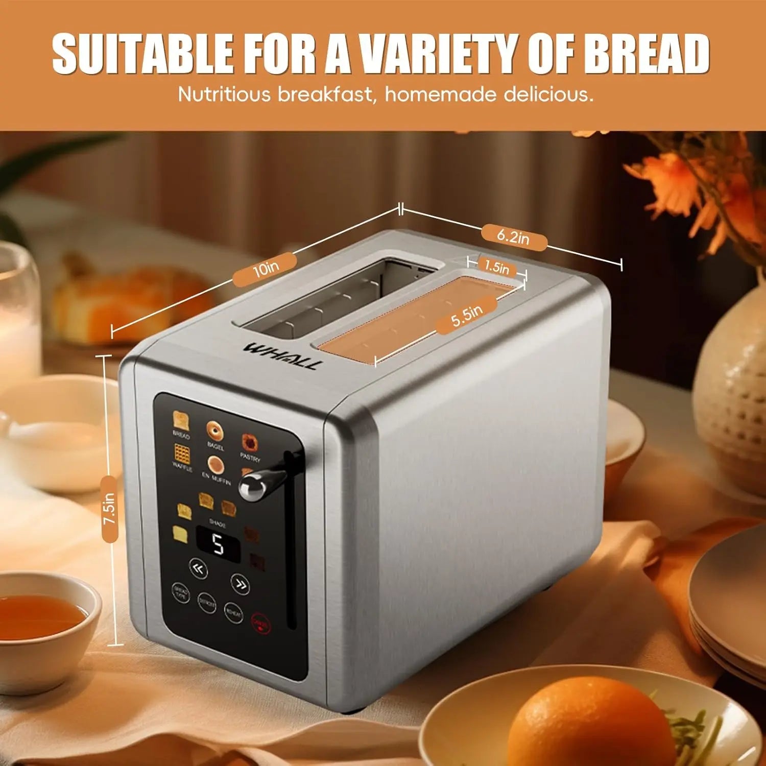 Touch Screen Toaster 2 Slice, Stainless Steel Digital Timer Toaster with Sound Function, Smart Extra Wide Slots Toaster