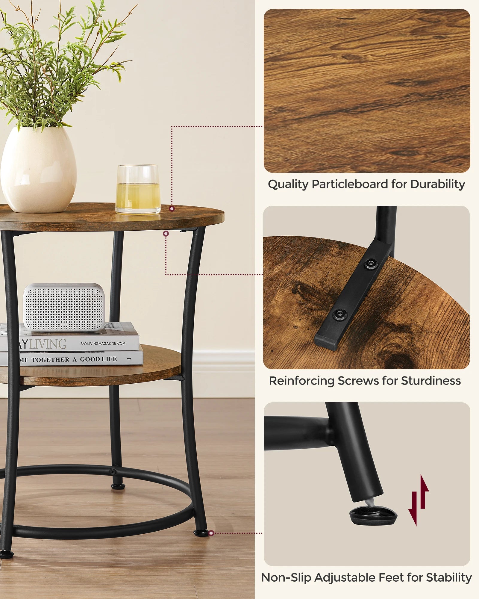 Round Side Table with 1 Storage Shelf – Minimalist Modern Coffee Table for Living Room, Bedroom, and Office